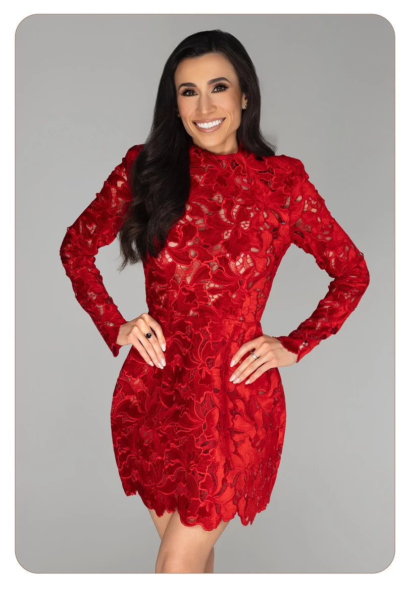 Retro Glamour Red Lace Waist-Cinched Mini Dress for Women