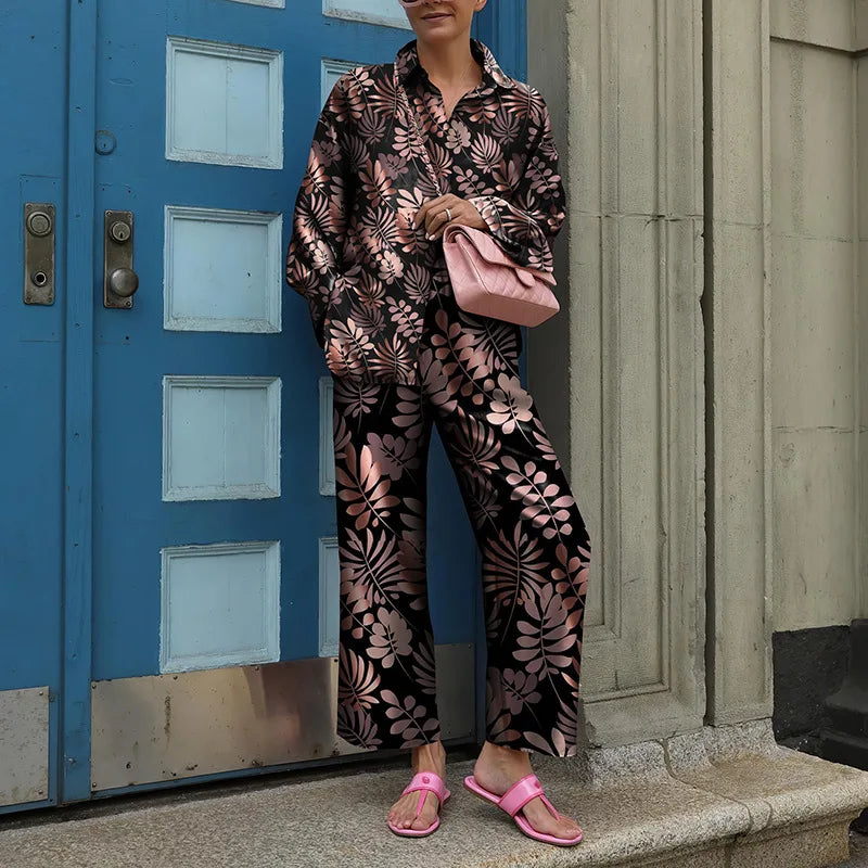 Vintage Printed Two Piece Trouser Suit Set for Women