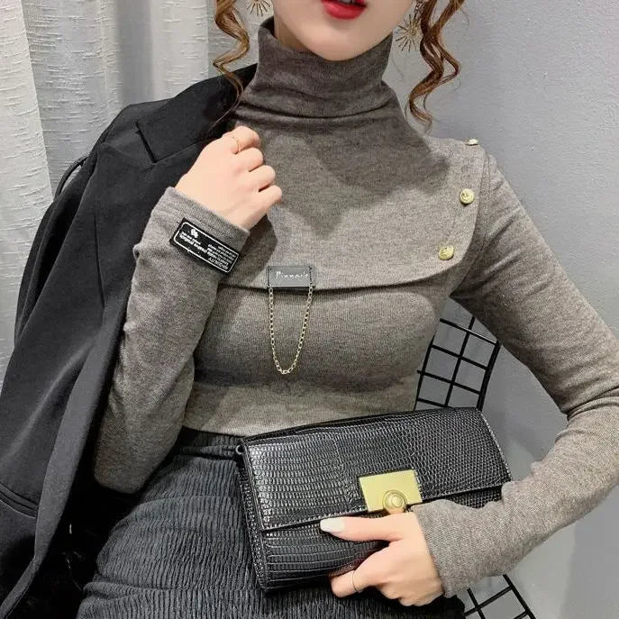 Elegant Button Detail Knit Turtleneck Sweater For Women