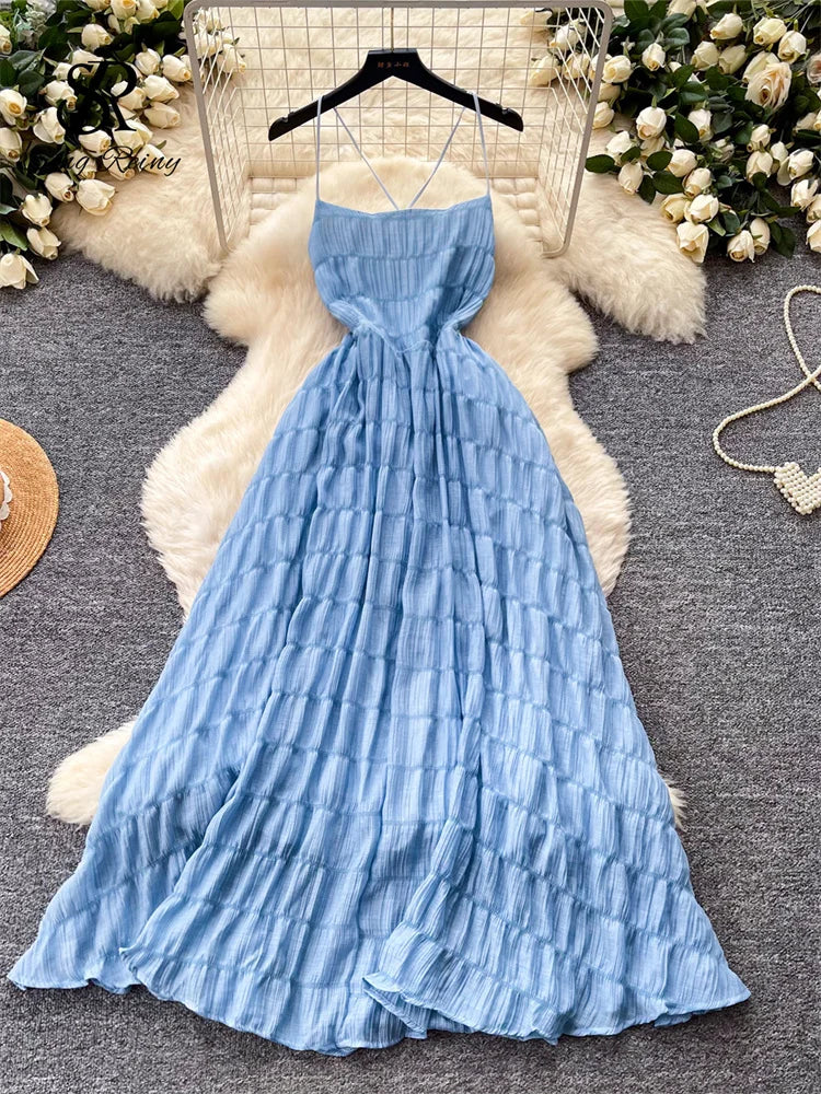 Backless Lace Up Summer A-Line Maxi Sundress for Women