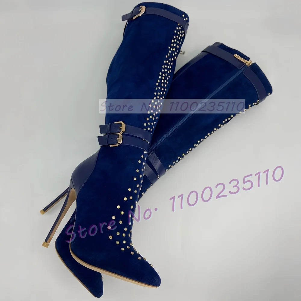Crystal Embellished Pointed Toe Knee High Boots For Women