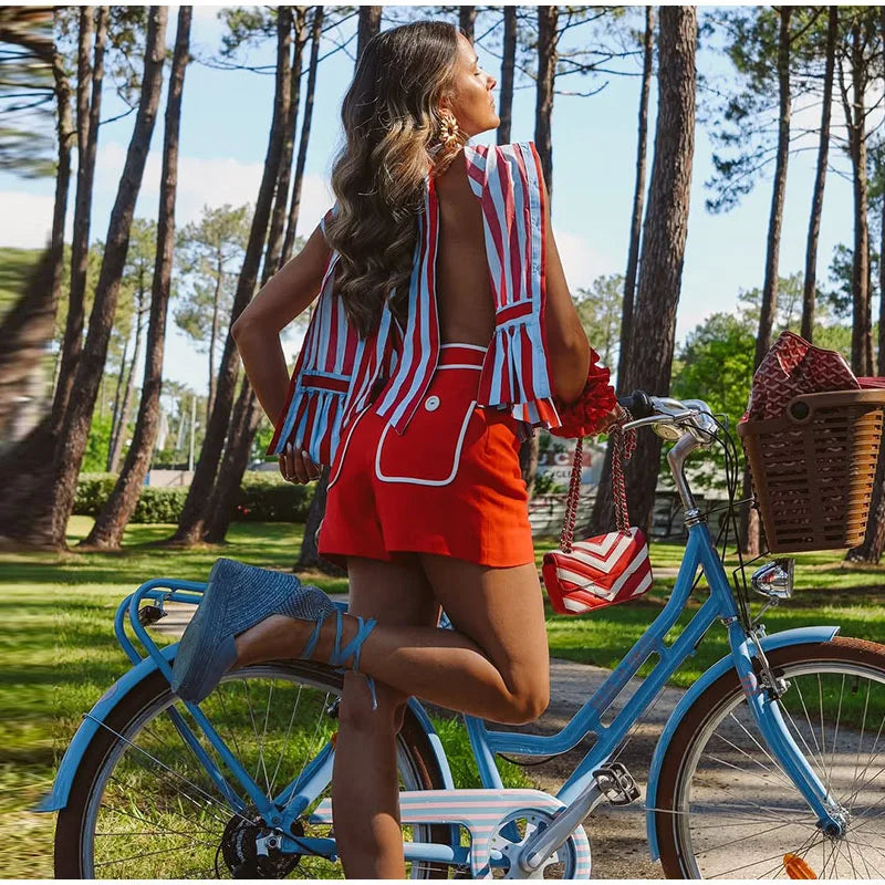Beach Striped Print Sleeveless Backless Top for Women