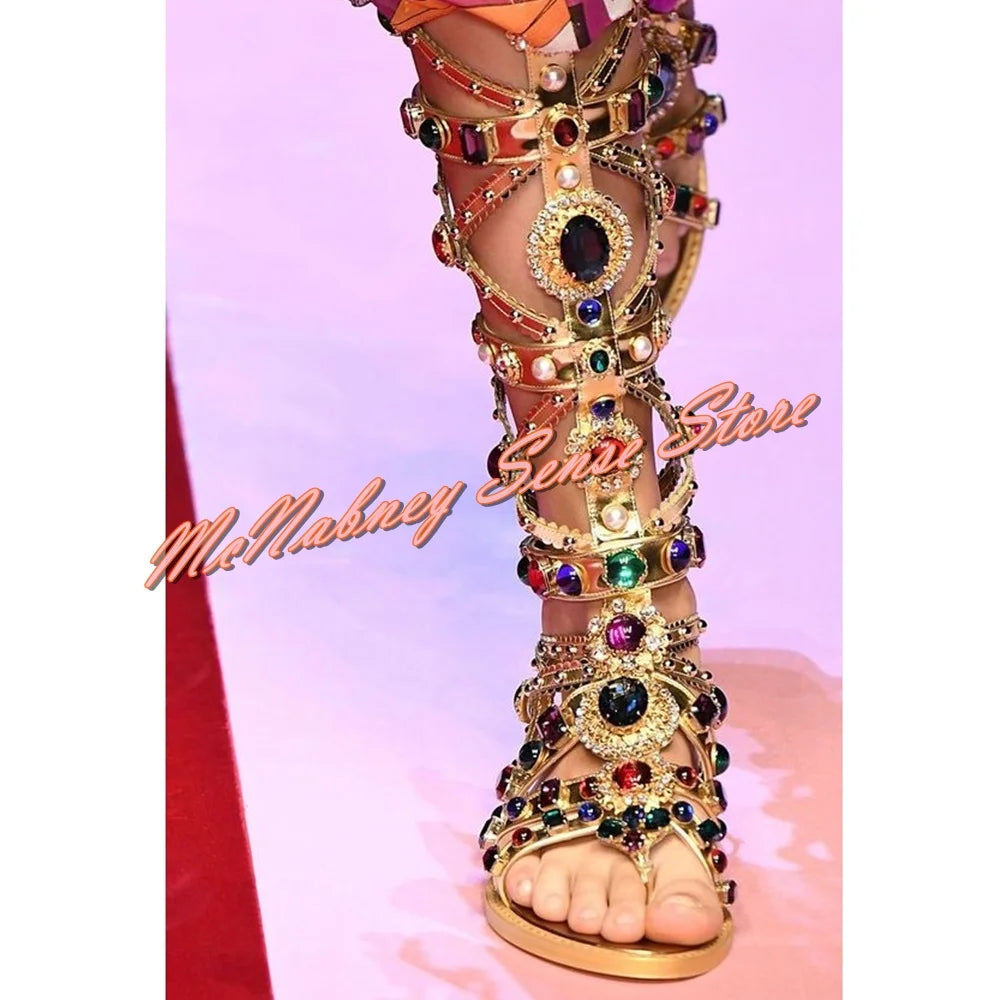 Fashionable Gold Rhinestone Open Toe Sandals For Women