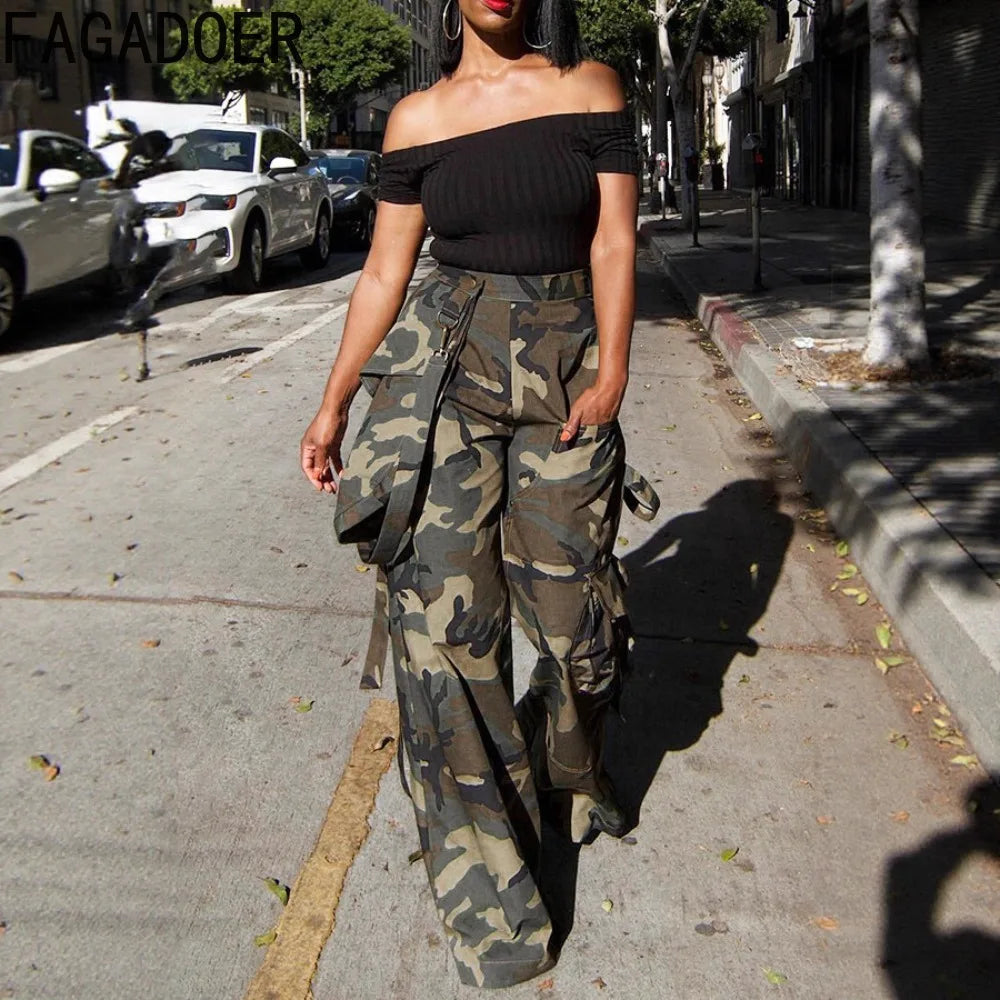 FAGADOER Fashion Camouflage Loose Pants Women High Waist Cargo Pocket Patchwork Pants Female Y2K Streetwear Bottoms 2025 New
