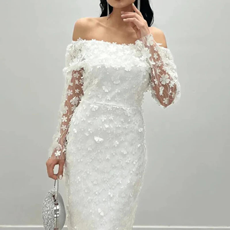 Floral Mesh Off Shoulder Slim Fit Party Long Dress for Women