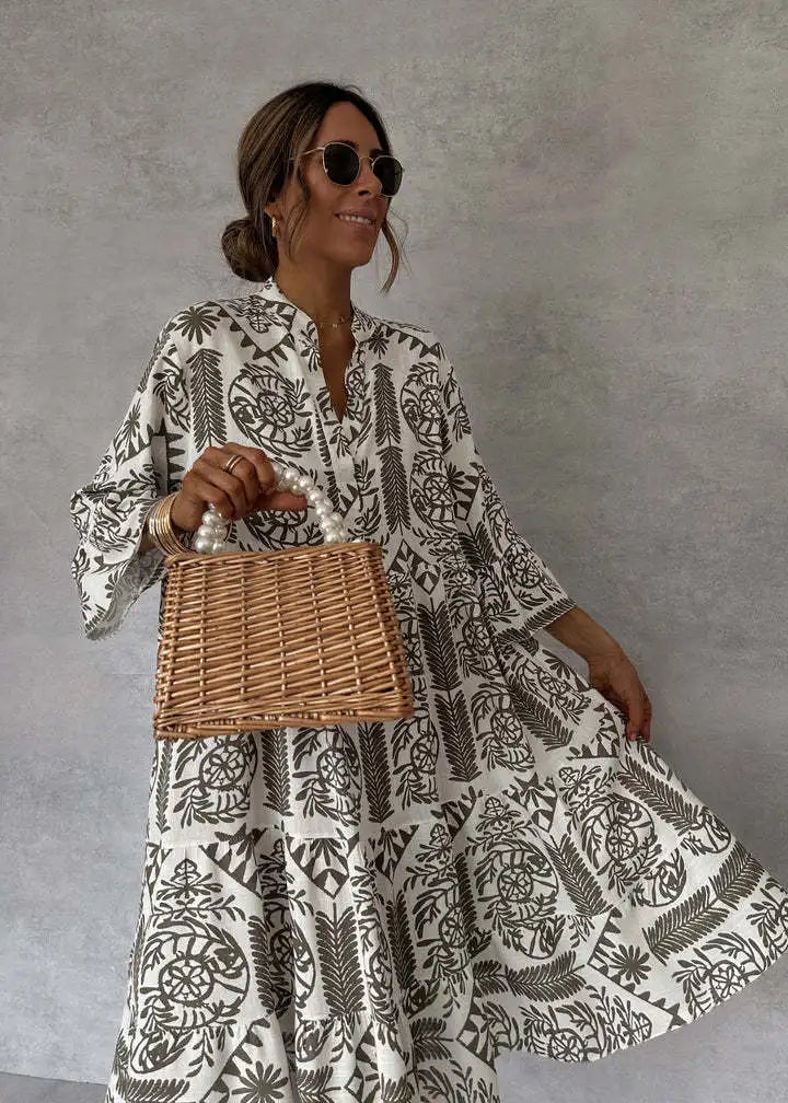 Casual Bohemian Print With V Neck Slit Dresses for Women