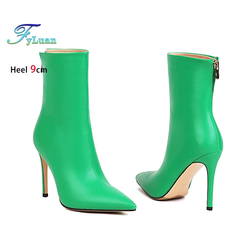Elegant Plus Size Leather Pointed Toe High Heel Ankle Boots for Women