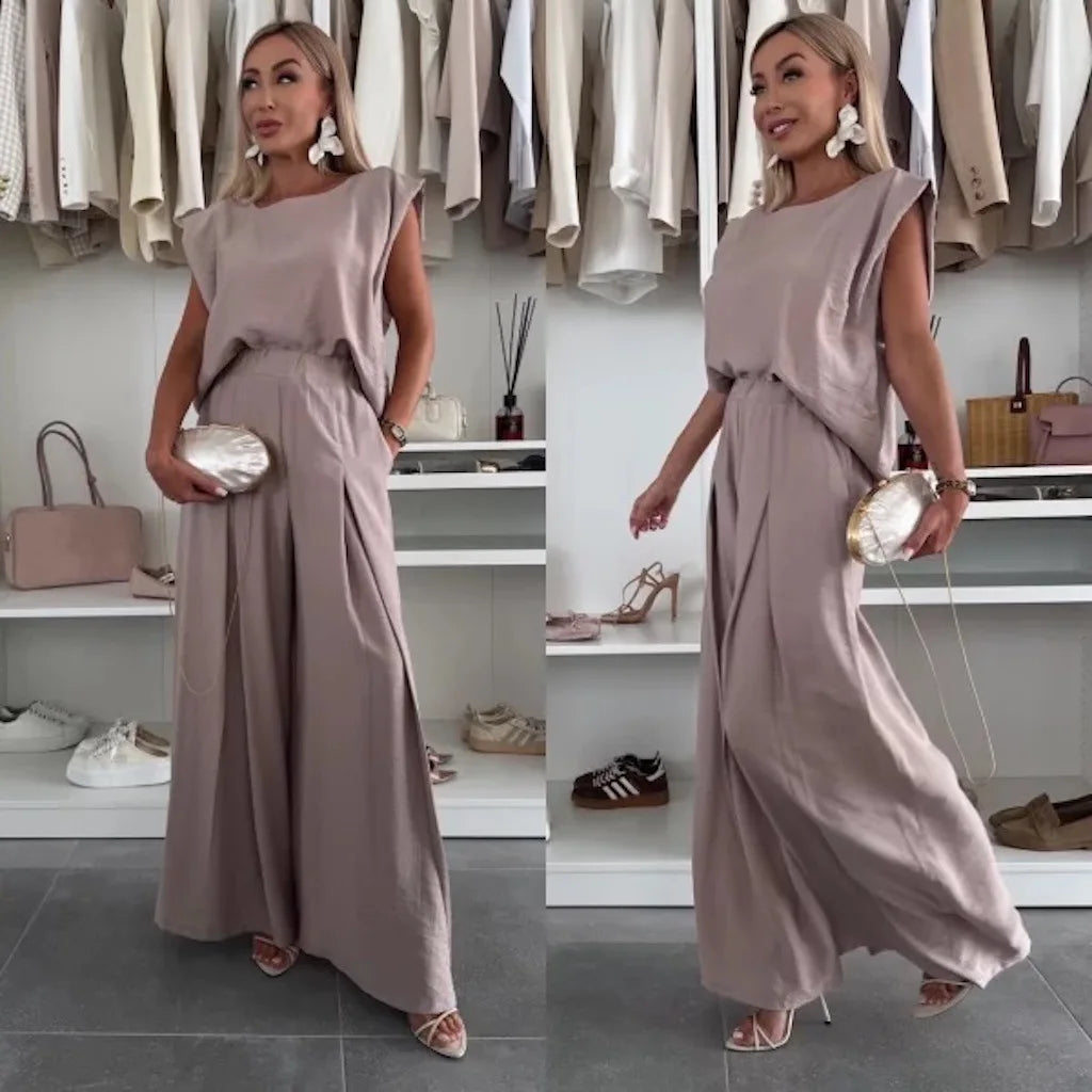Women's Casual 2-Piece Set Crew Neck Sleeveless Top Wide Leg Pants Set Summer Casual Loungewear Outfit for Travel Vacation