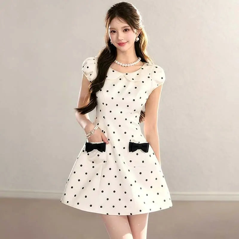French Polka Dot Doll Collar A Line Bow Dress For Women