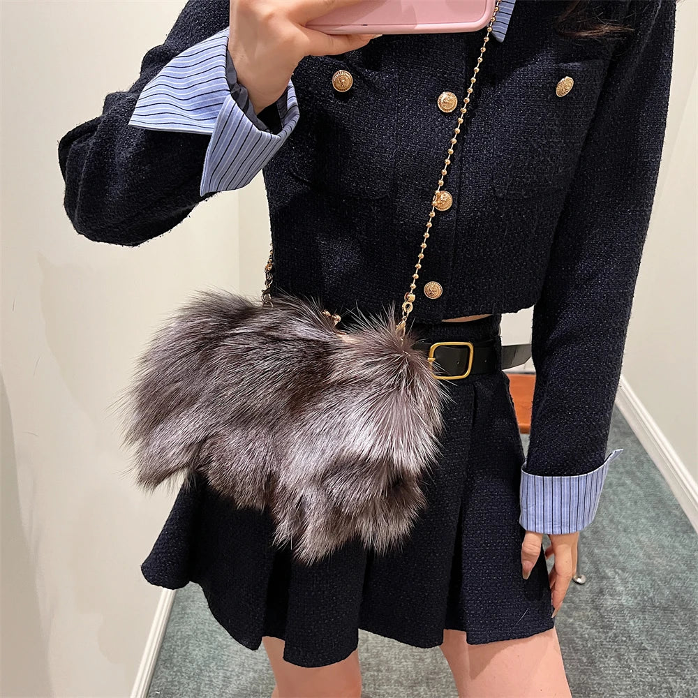 Luxurious Fox Fur Evening Clutch with Chain for Women