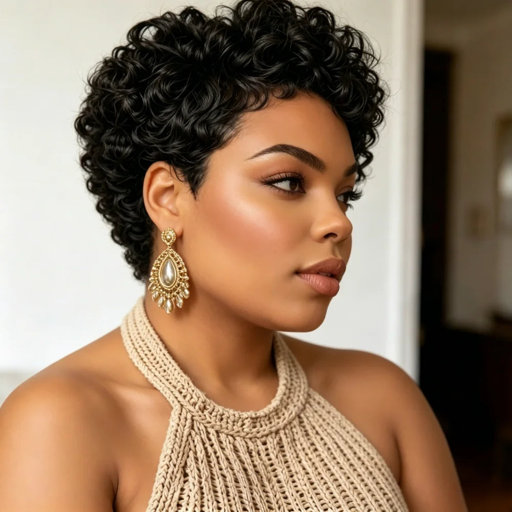 Natural Wavy Pixie Cut Remy Human Hair Wig With Bangs For Women