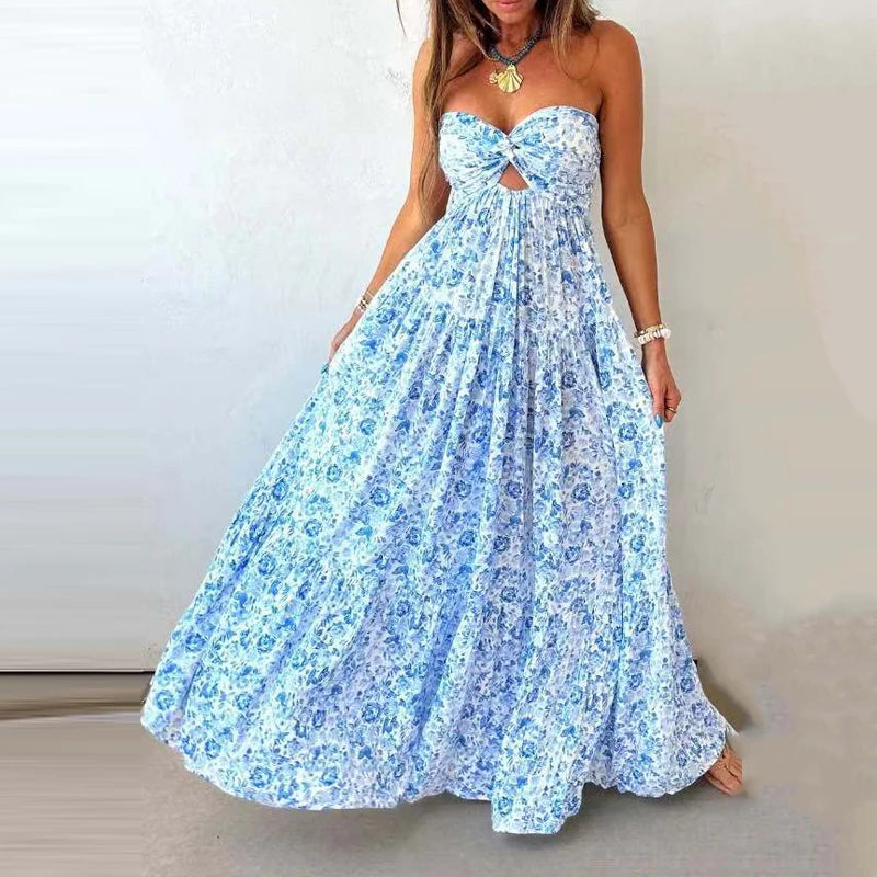 Off Shoulder Pleated Bohemian Maxi Dress for Women