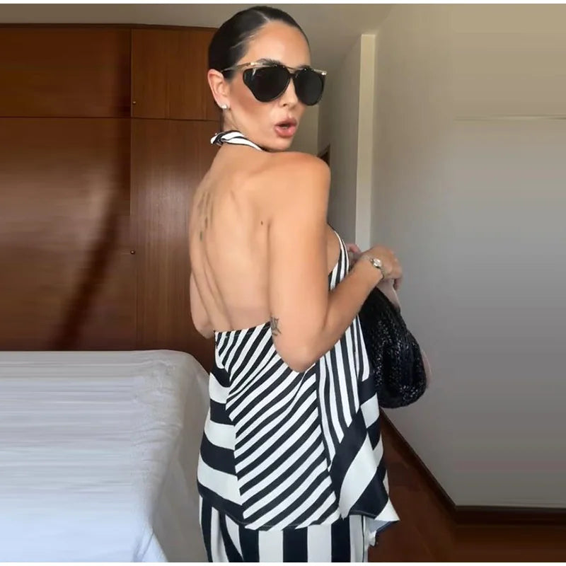Striped Criss Cross Halter Two Piece Wide Leg Pants Set For Women