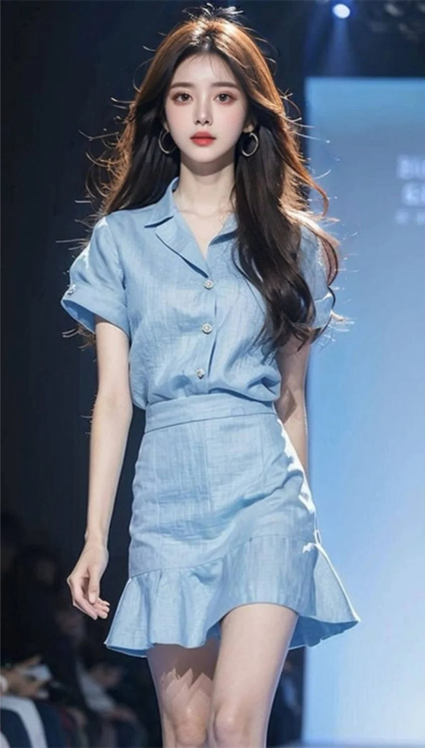 2 Pieces Sets for Women Short Sleeve Skirt Blue Woman Outfit Beach Top and Bottom Stylish Formal Occasion Clothing Trend 2025