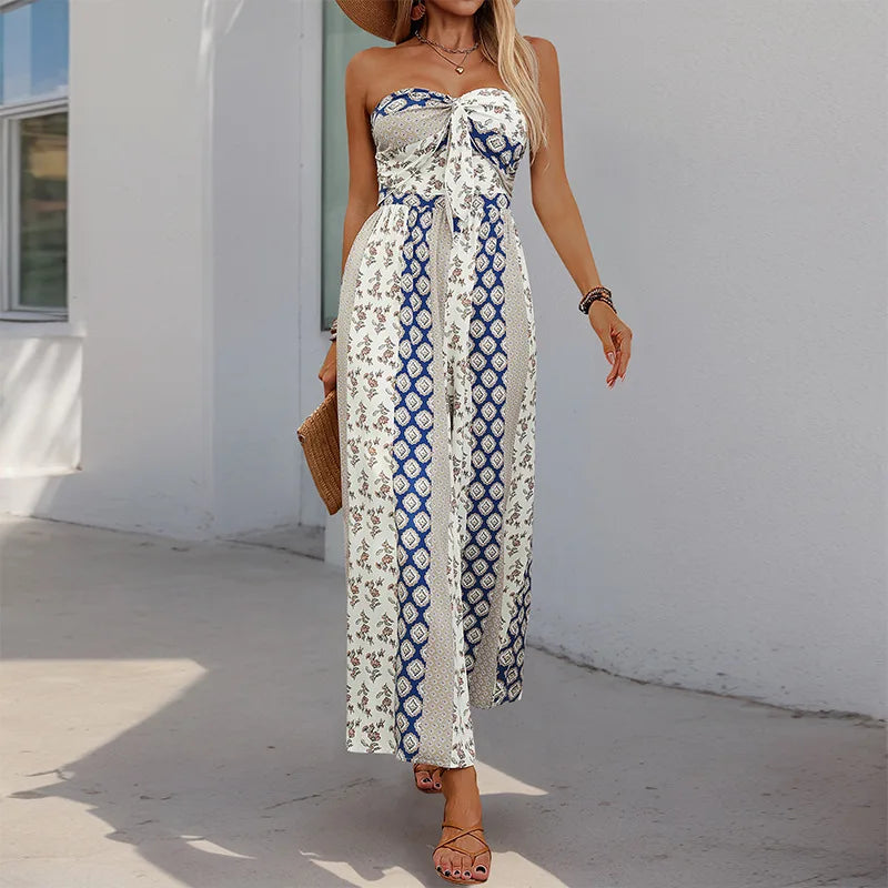 Printed Strapless Tube Top Tie Front Jumpsuit for Women