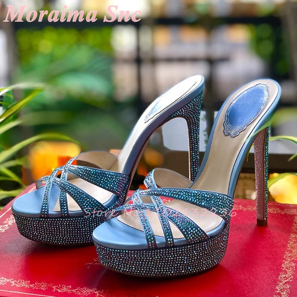 Crystal Rhinestone Platform Stiletto Crisscross Mules for Women