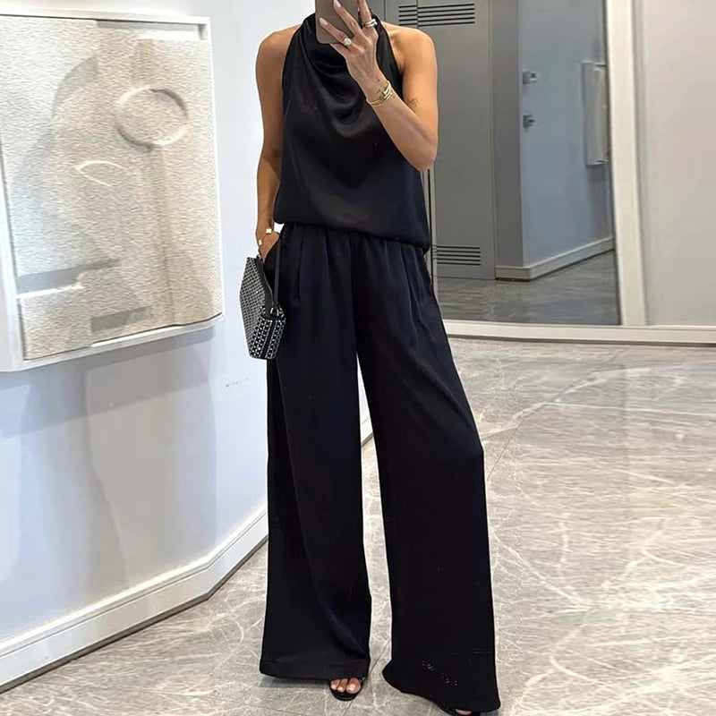 Pile Collar Sleeveless Top Wide Leg Pants 2CPS Sets, Women Summer Loose Elastic Waist Chic Outfit, Solid Patchwork Ladies Suits