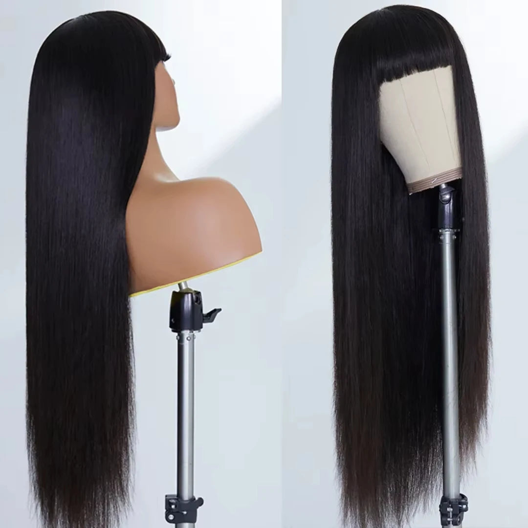 Long Straight Natural Human Hair Wig With Bangs for Women