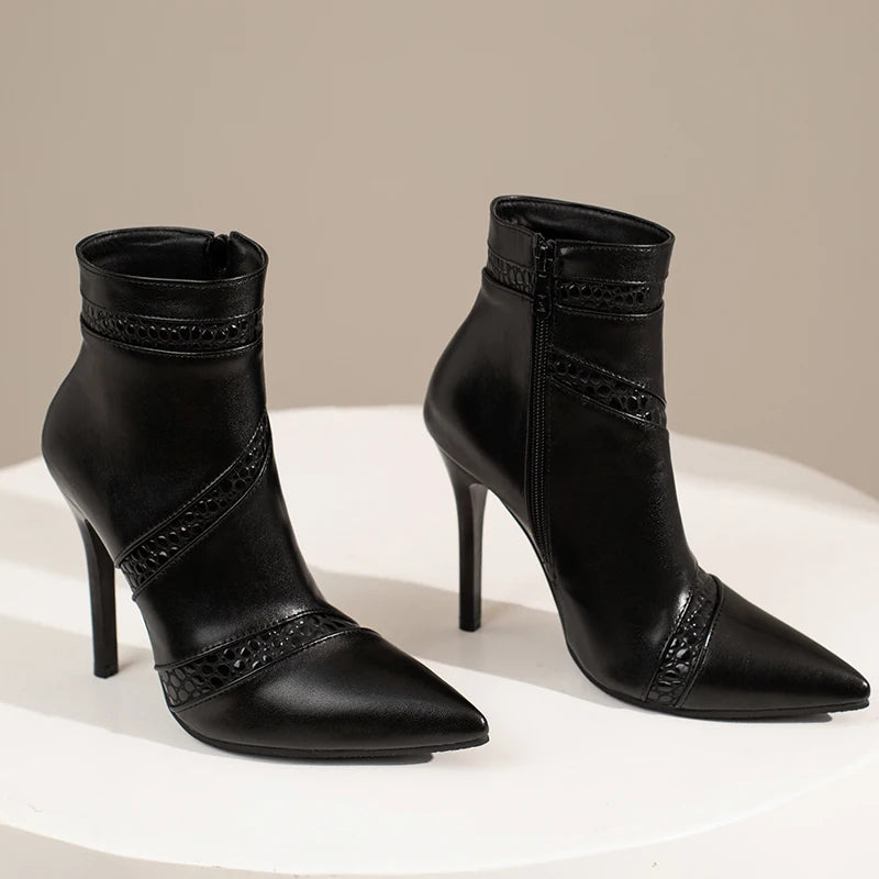 Pointed Toe PU Leather Stiletto Ankle Boots for Women