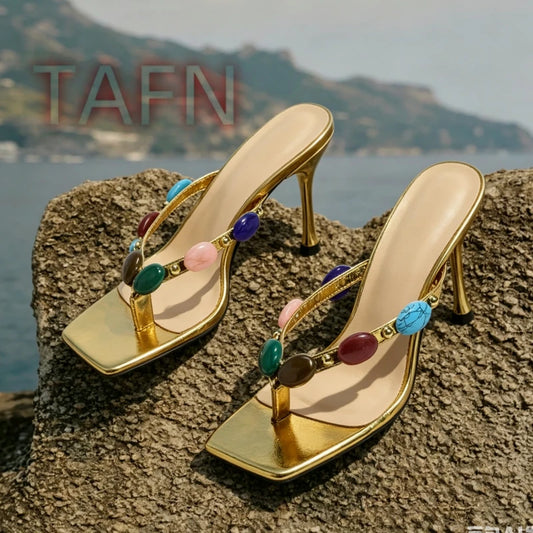 Gold Square Toe Thong Heeled Mules