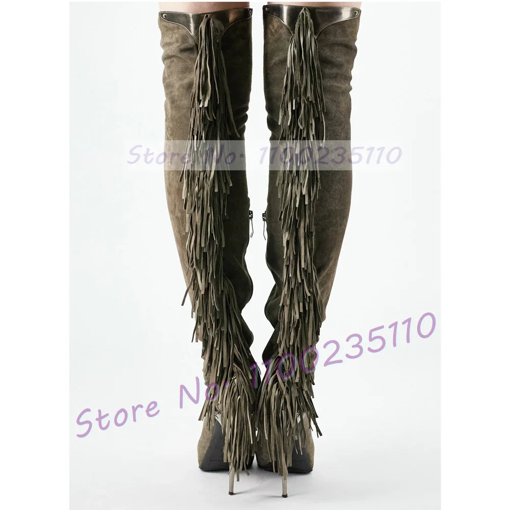 Grey Fringe Leather Over Knee Boots