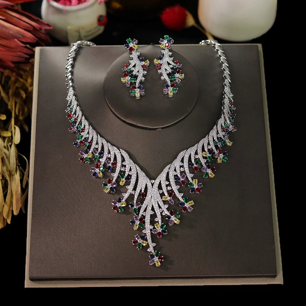 Elegant Floral Crystal Necklace and Earring Set for Women