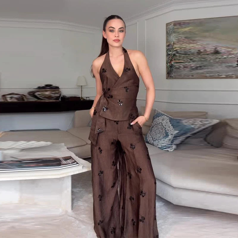 Elegant Sequin Halter Top and Wide Leg Pants Two Piece Set for Women