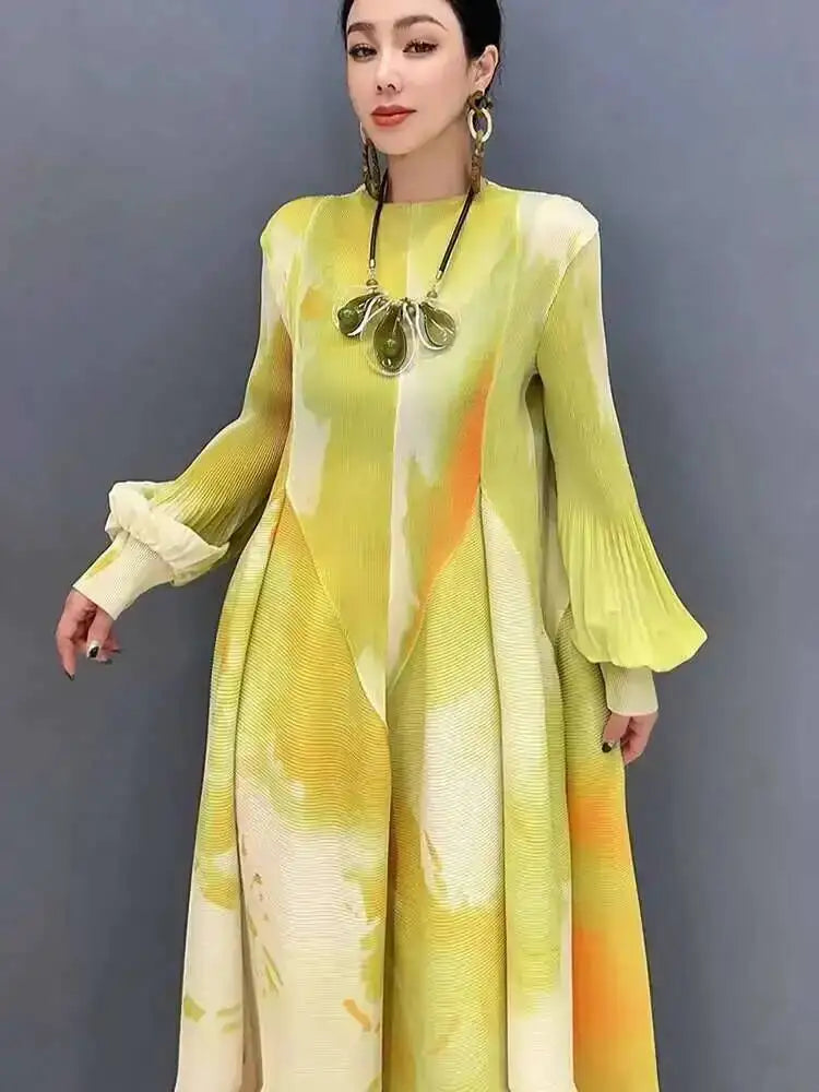 Printed Chiffon Ankle Length Dress With Bubble Sleeves for Women