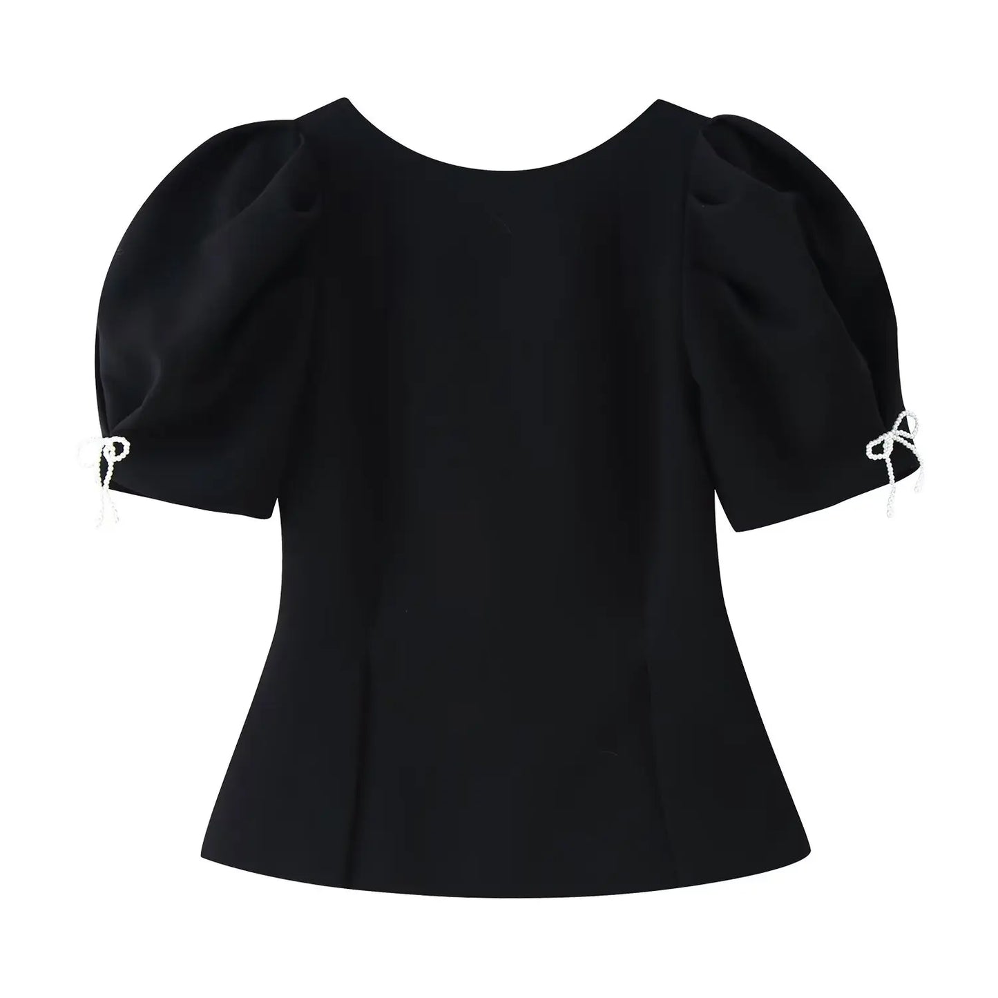 Pearl Bow Puff Sleeve Black Backless Top for Women