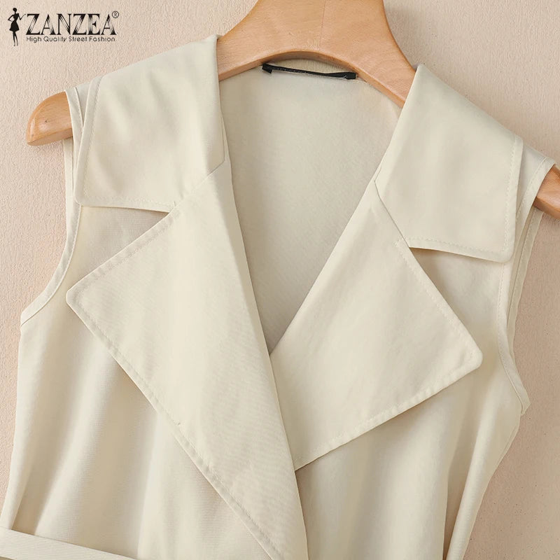 ZANZEA Elegant Women Sleeveless Blazer Fashion Lapel Neck Sashes Vest Tops 2025 Summer Lightweight Office Wear Commuting Tops