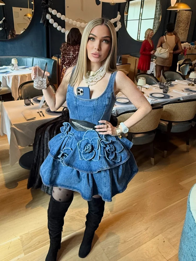 Chic Summer 3d Floral Denim Mini Dress Vintage A Line Halter High Street Sling Dress Vesidos Fashion New Lady Clothing Dress