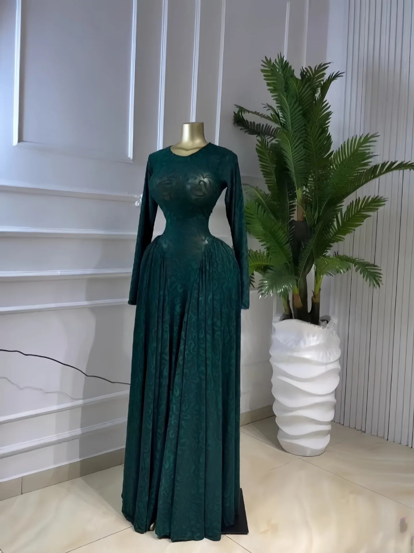 Elegant Pleated O Neck Long Sleeve Maxi Dress For Women