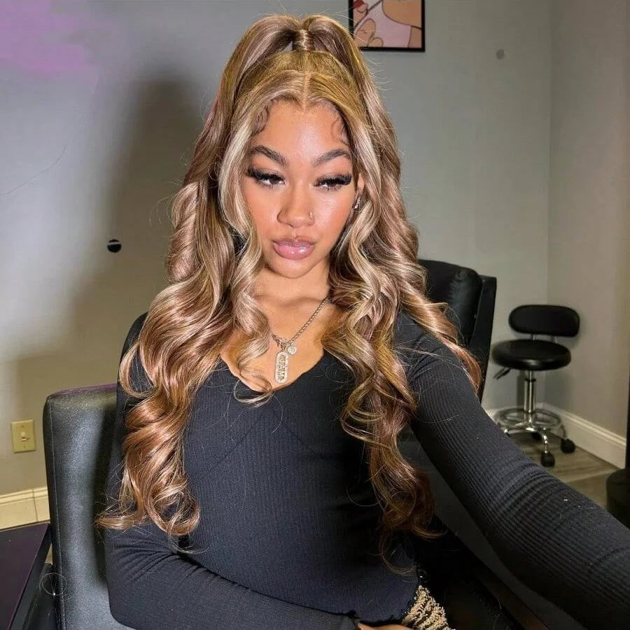 Honey Blonde Highlight Body Wave Lace Front Wig for Women