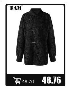 [EAM] Women Blue Pleated Hem Long Big Size Blouse New Stand Collar Long Sleeve Shirt Fashion Tide Spring Autumn 2025 1DH5707