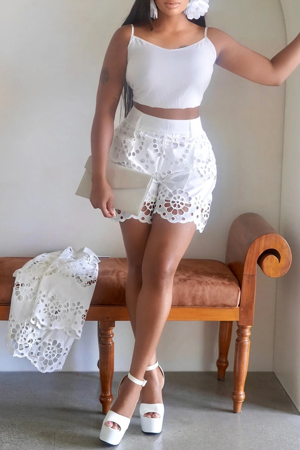 Plus Size Vacation White Shirt Collar 3/4 Sleeve Cut Out Pocket Guipure Lace Two Piece Short Sets