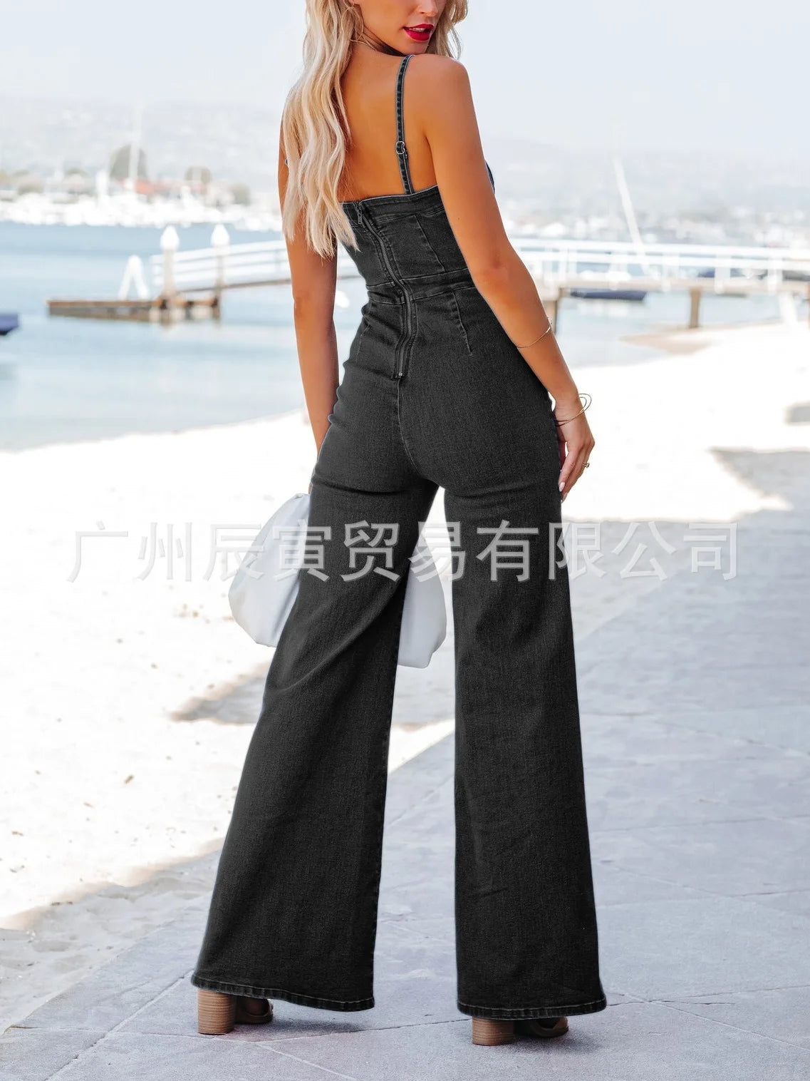 Stretch Denim Halter Jumpsuit with Slim-Fit Silhouette for Women