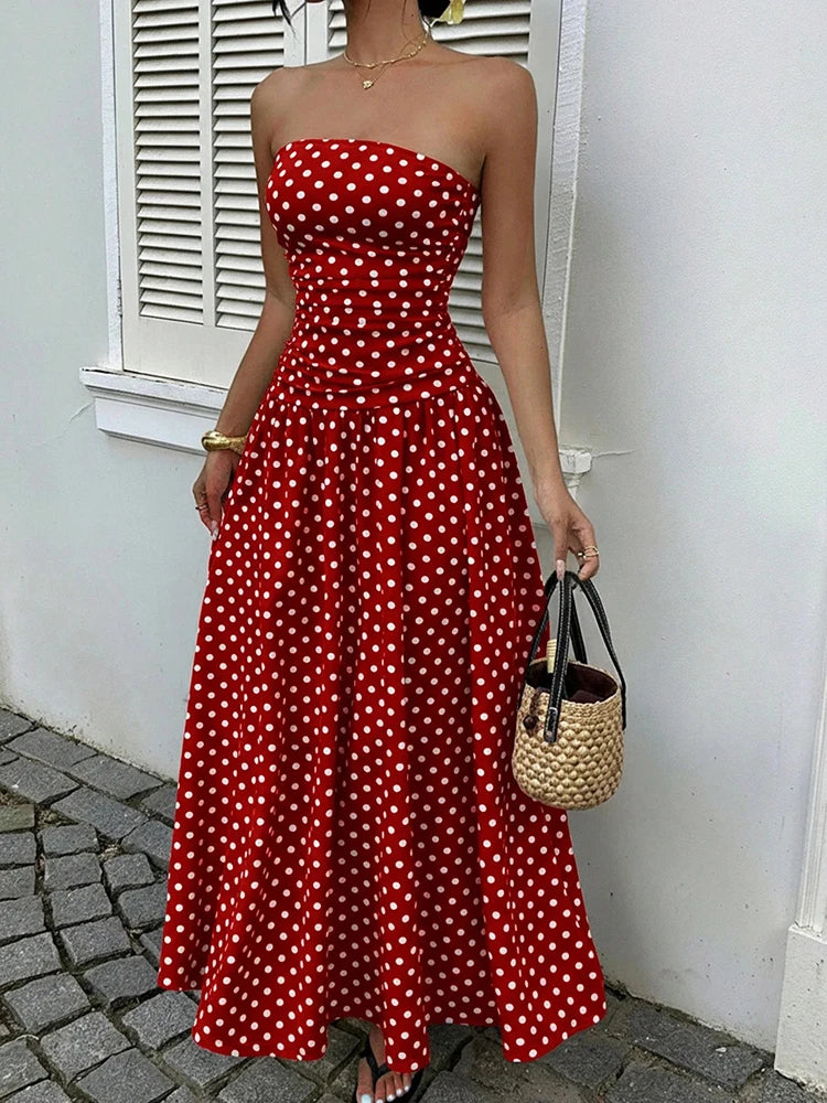 Polka Dot Backless Strapless Maxi Summer Dress for Women