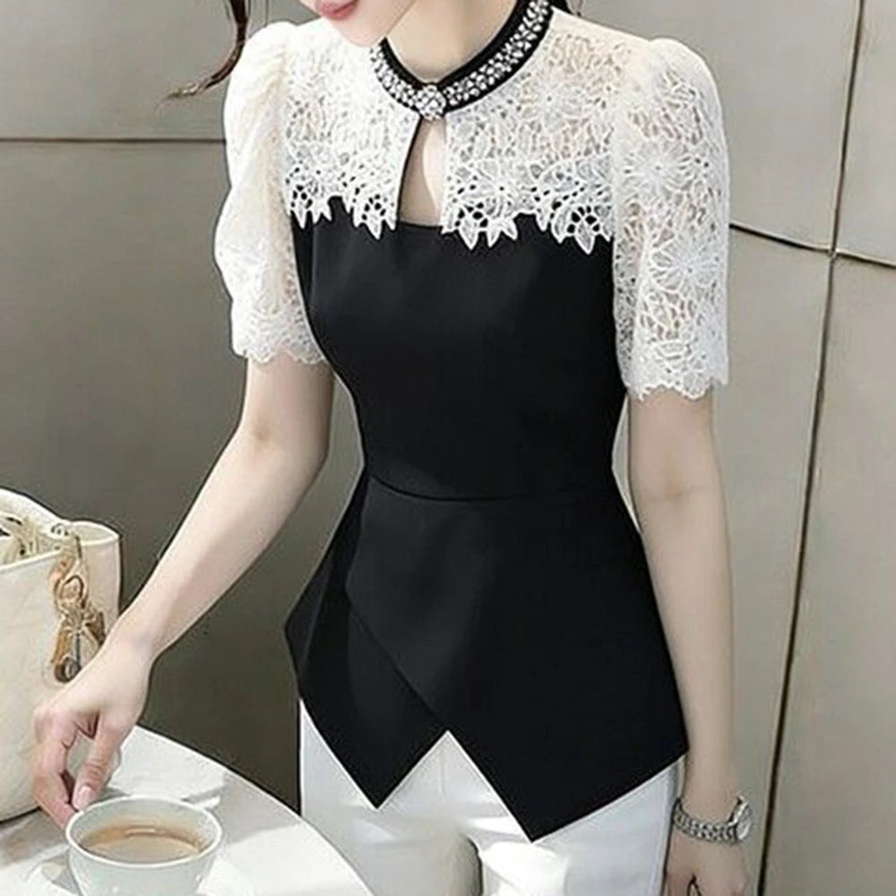 Chic Black Lace Spliced Short Sleeve Summer Shirt For Women
