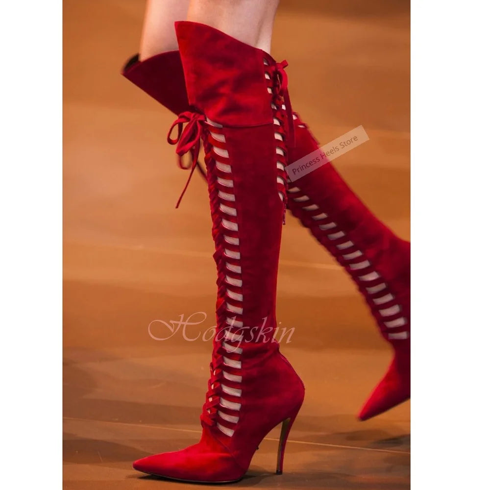 Velvet Strap Hollow Out Solid Color Over The Knee Boots for Women