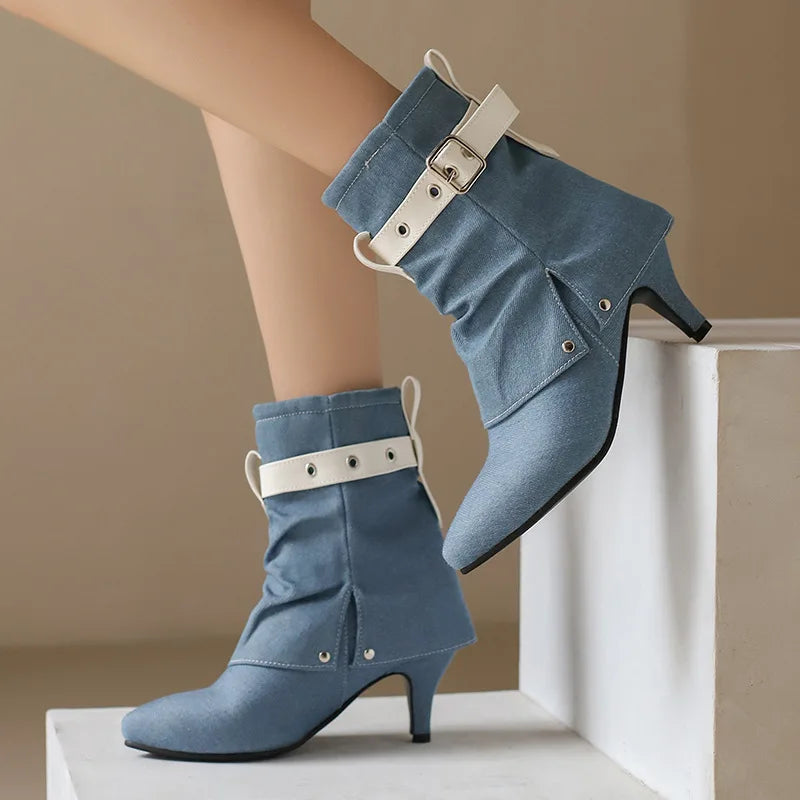 Western Style Denim Autumn Pointy Toe Ankle Boots With Belt Buckle for Women