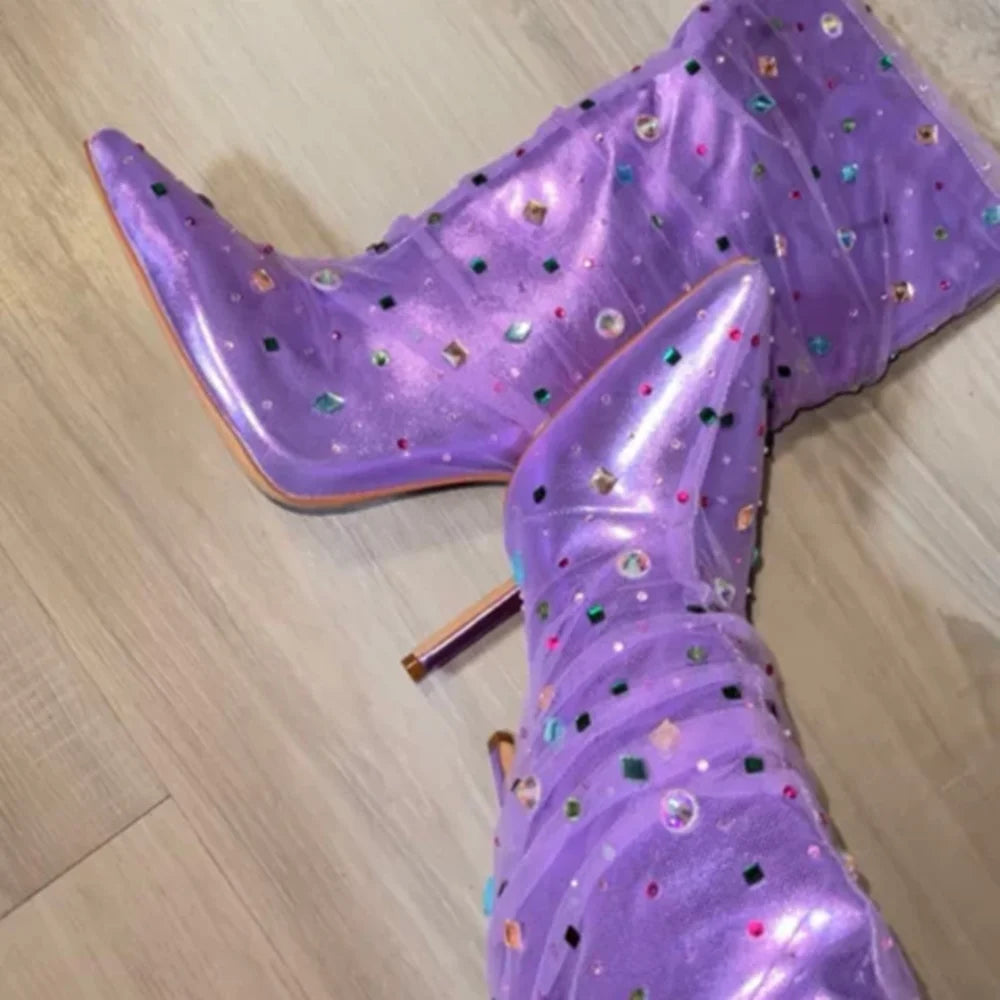 Purple Crystal Pointed Ankle Boots