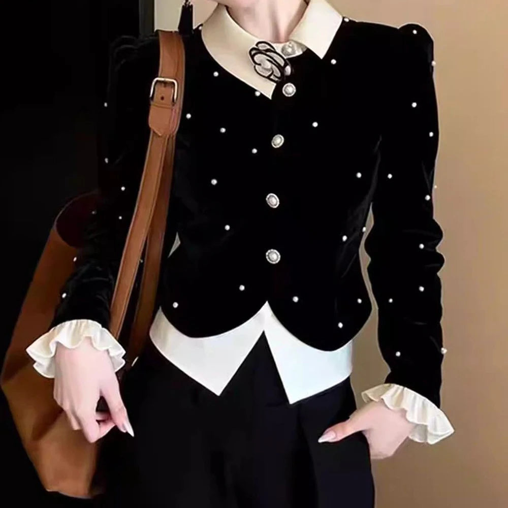 Elegant Single Breasted Long Sleeve Velvet Shirt for Women