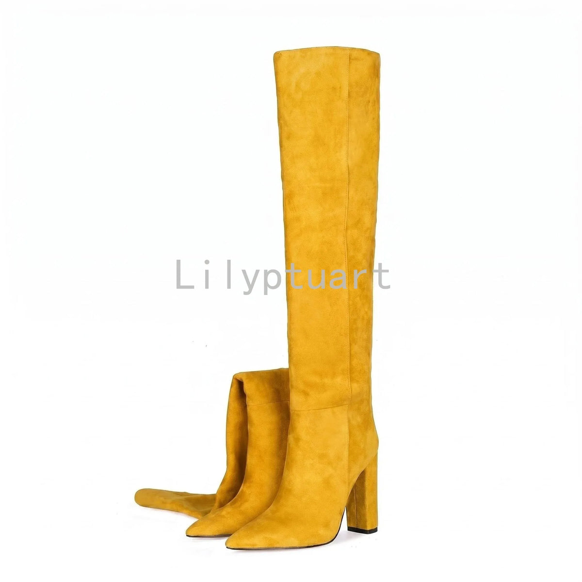 Beige Square Heel Slip-On Over-the-Knee Boots for Women