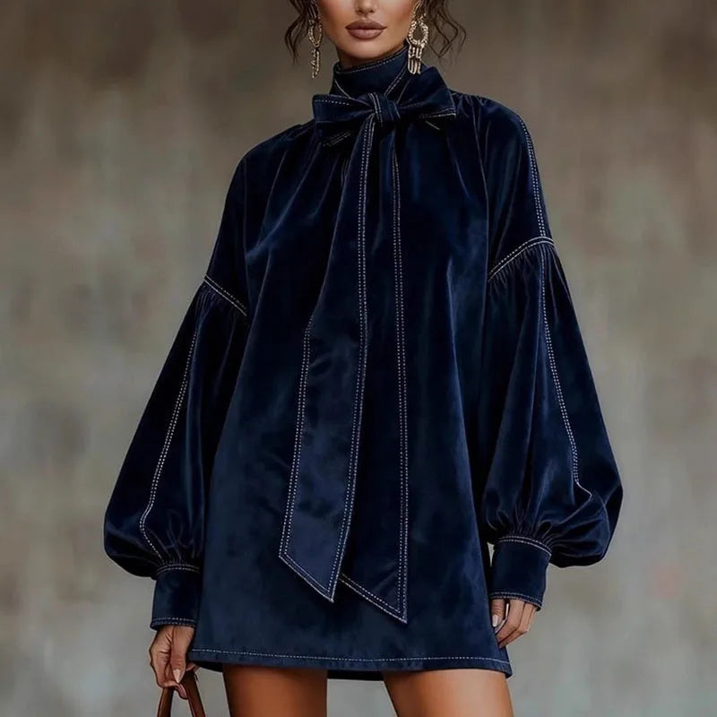 Retro Solid Soft Velvet Elegant Party Dresses Woman Sexy Bowknot Turtleneck Mini Dress Autumn Winter Lantern Sleeve A-Line Dress