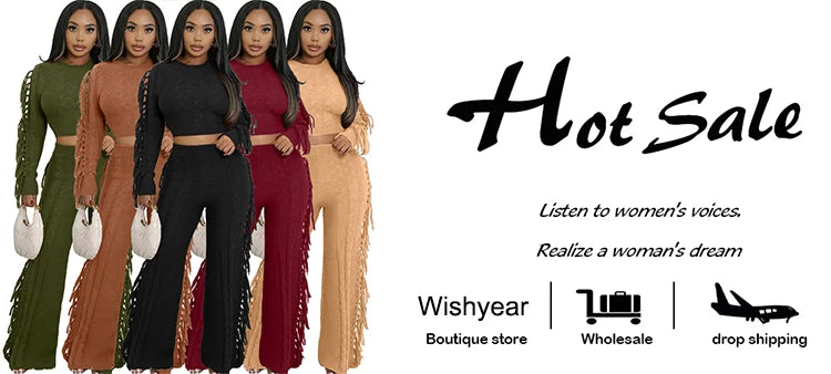 Casual Winter Warm Knitted Sweater Tassel 2 Piece Set  Women Long Sleeve Crop Top and Pants Streetwear outdoors vacation Outfits