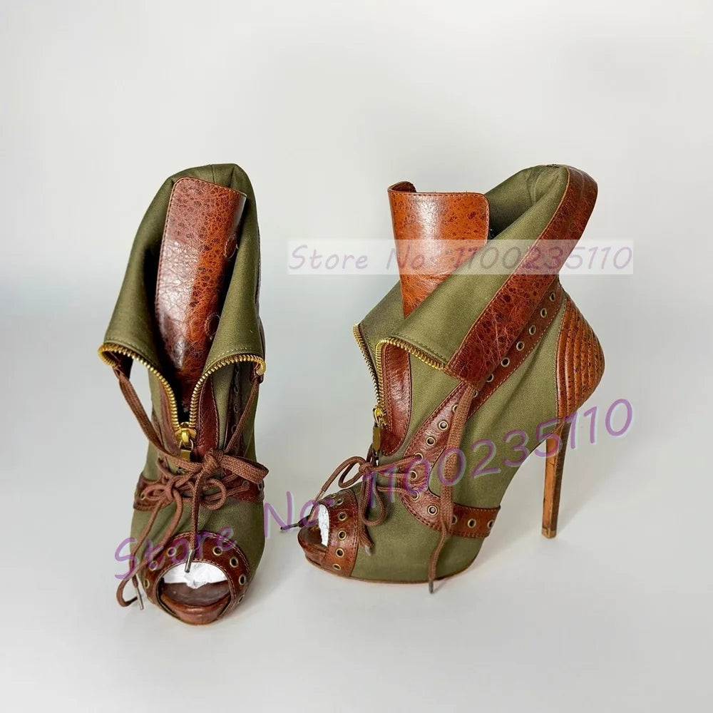 Army Green Denim Patchwork Cross Strap Sandals for Women
