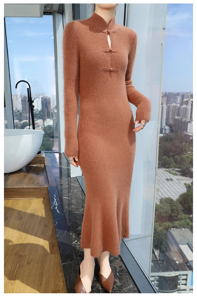 Stand Collar Ankle Length Fishtail Knit Dress for Women