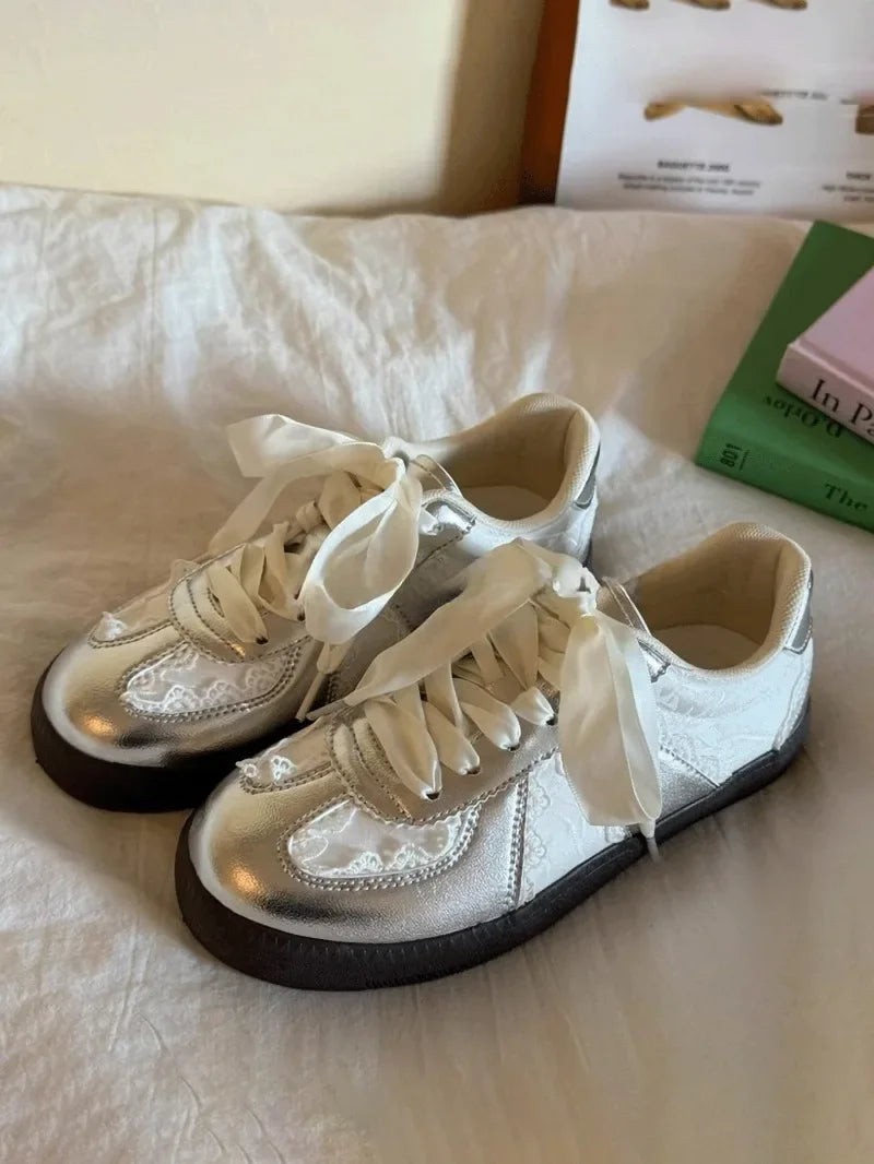 Cream French Lace Satin Ribbon Vintage Sneakers For Women