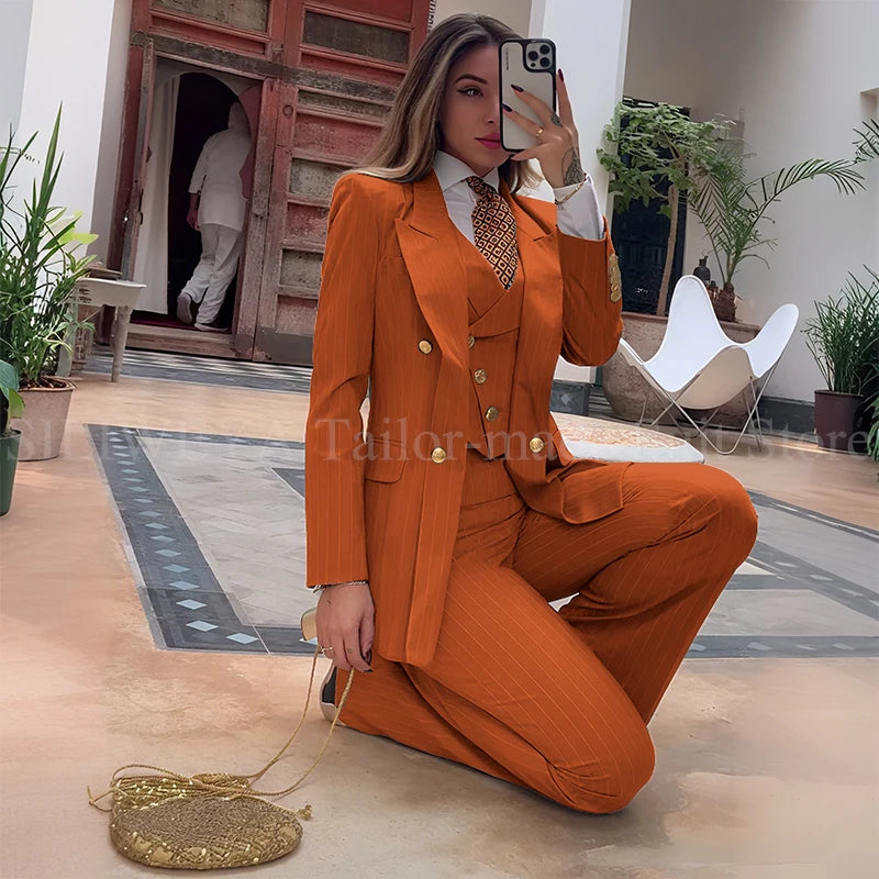 Slim Fit Double Breasted Green Striped Suit Set For Women