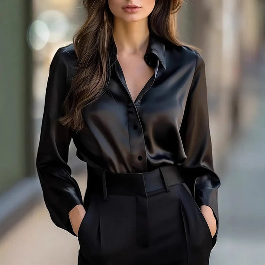 2025 Spring and Autumn Women's Lapel Shirt Brown Button Cardigan Top Black Elegant Fashion Office Basic Blouses for Female